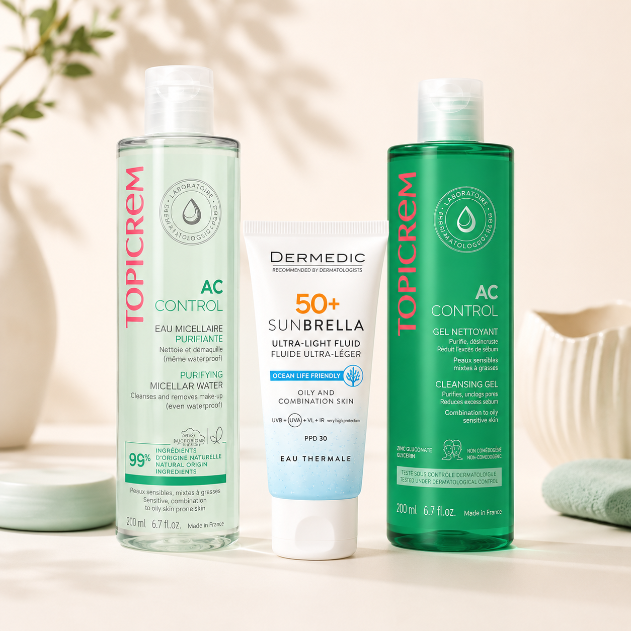 Pack Peaux Mixtes à Grasses – Trio Purifiant & Protecteur SPF50+ (Dermedic Sunbrella + Topicrem AC Control)