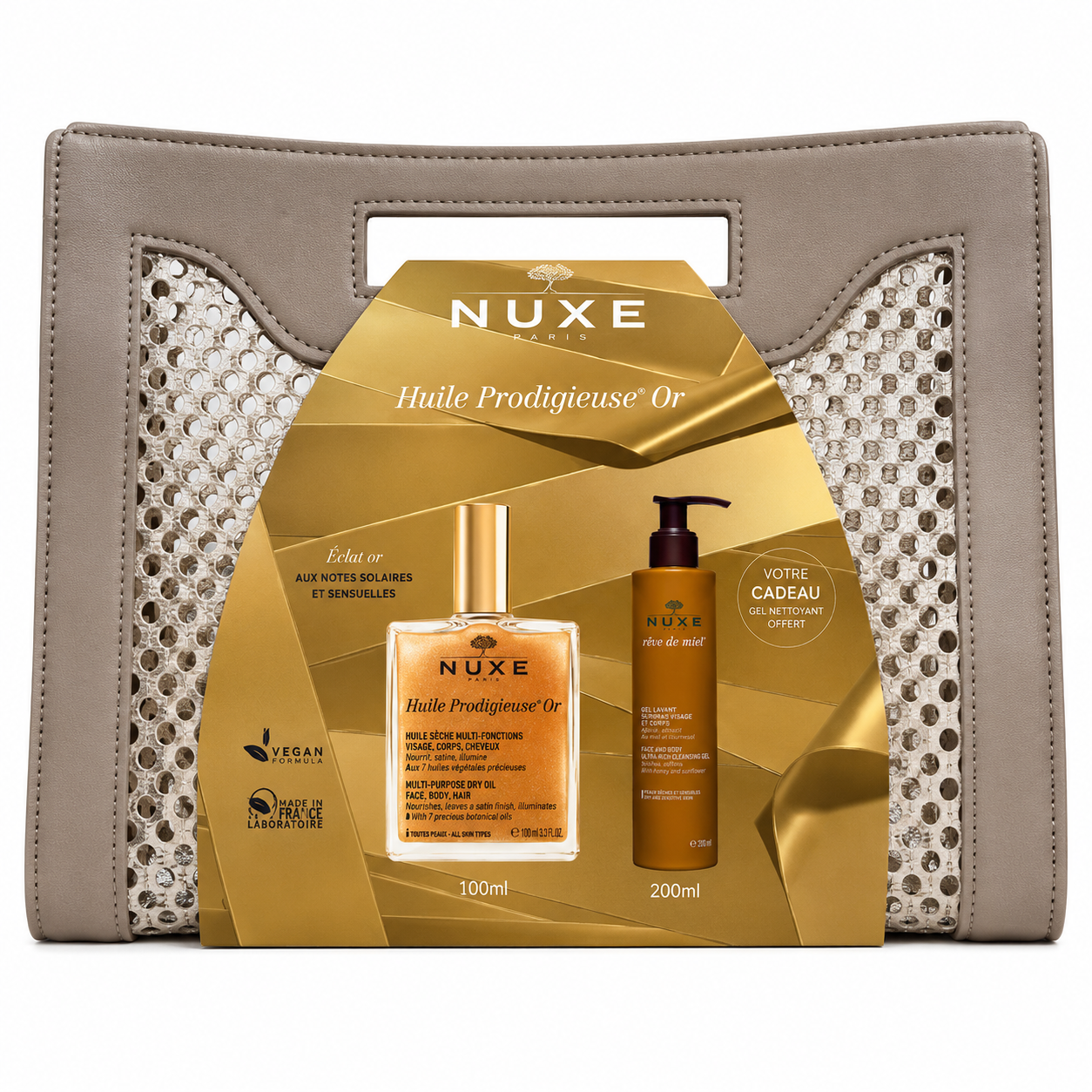 NUXE Sac Huile Prodigieuse® Or 100ml + Rêve de Miel Gel Nettoyant 200ml Offert