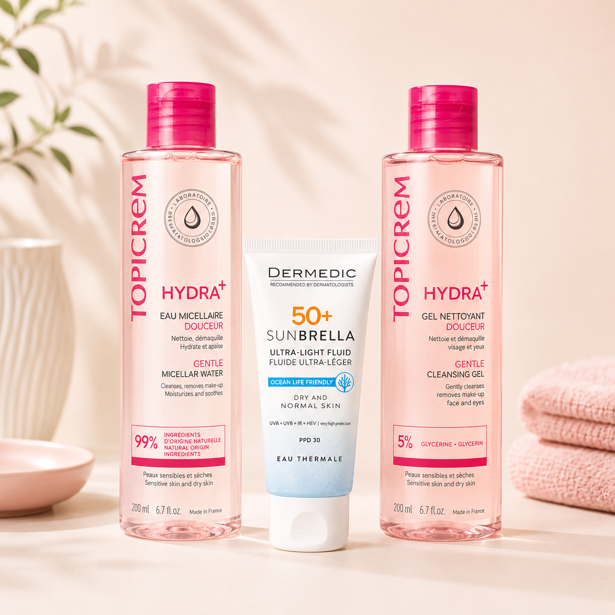 Pack Peaux Normales à Sèches – Routine Douceur, Hydratation & Protection SPF50+ (Dermedic Sunbrella + Topicrem HYDRA+)