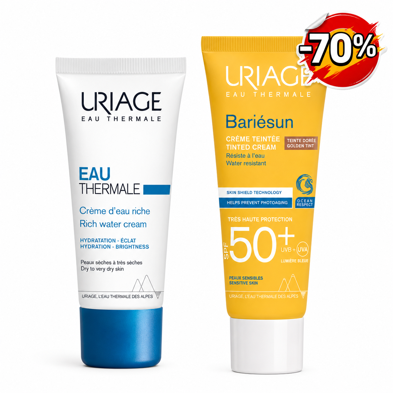Pack Promo Uriage Crème d’Eau Riche 40ml + Bariésun Teintée Dorée SPF50+ 50ml –70%